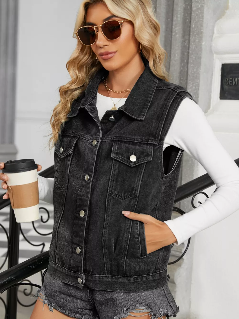 Pocketed Button Up Sleeveless Denim Jacket, image 4
