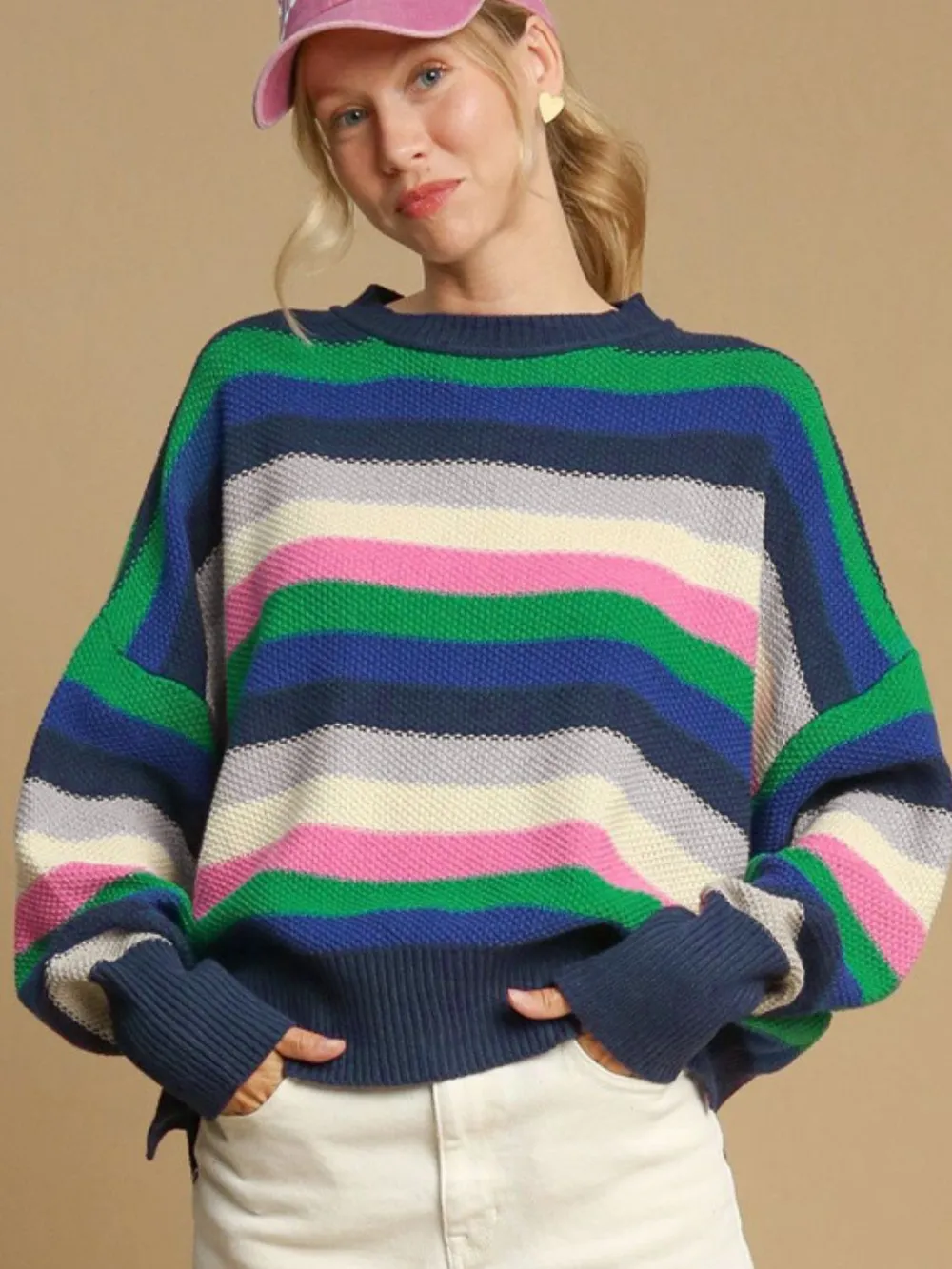 Contrast Striped Round Neck Long Sleeve Sweater, image 2