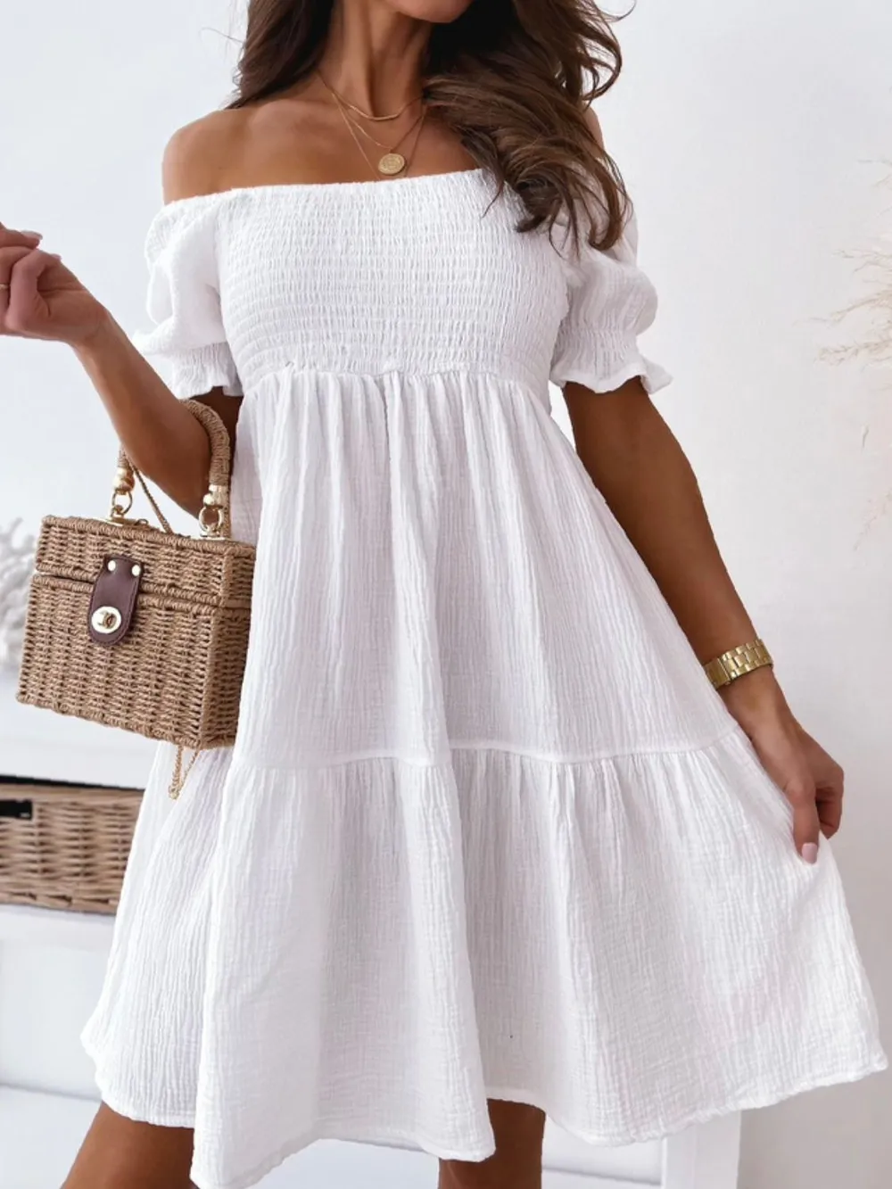 Smocked Off-Shoulder Mini Dress, image 7