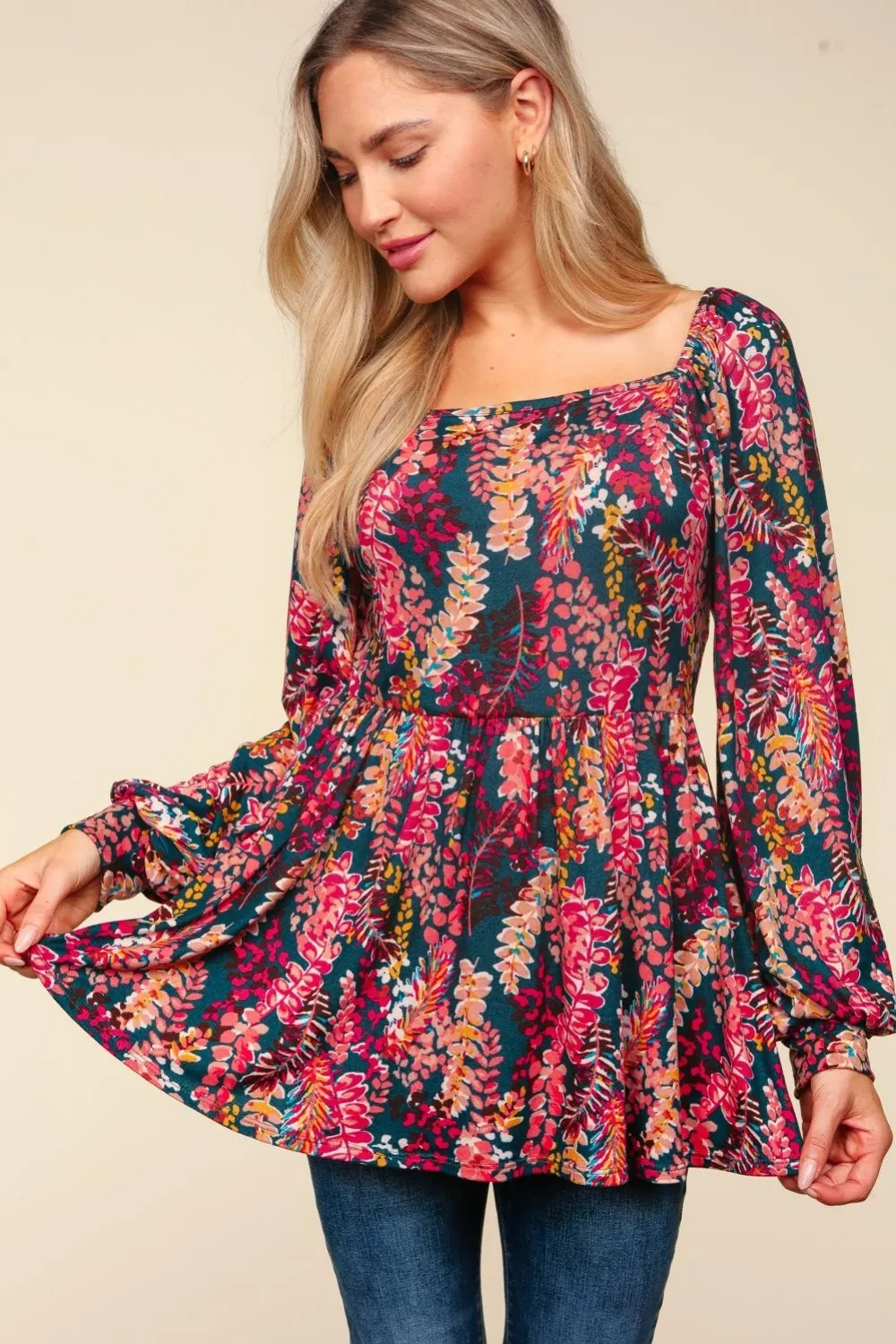 Full Size Peplum Floral Square Neck Blouse, image 4