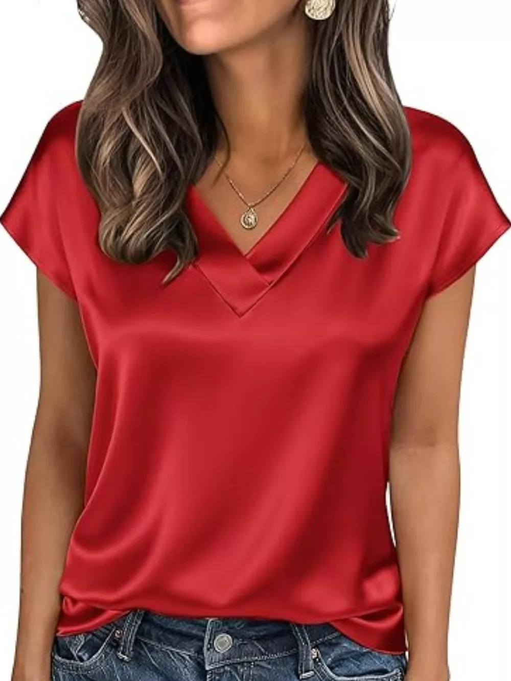 Satin V-Neck Short Sleeve Blouse, image 6