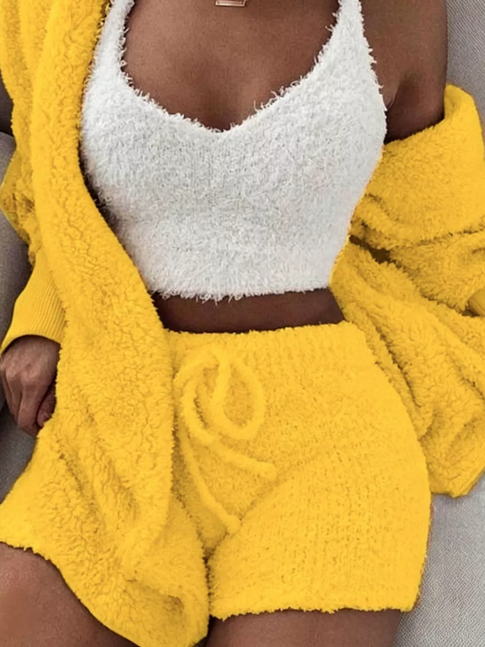 Full Size 3-Piece Fuzzy Plush Cardigan and Shorts Lounge Set with Crop Top Plus Size, image 6