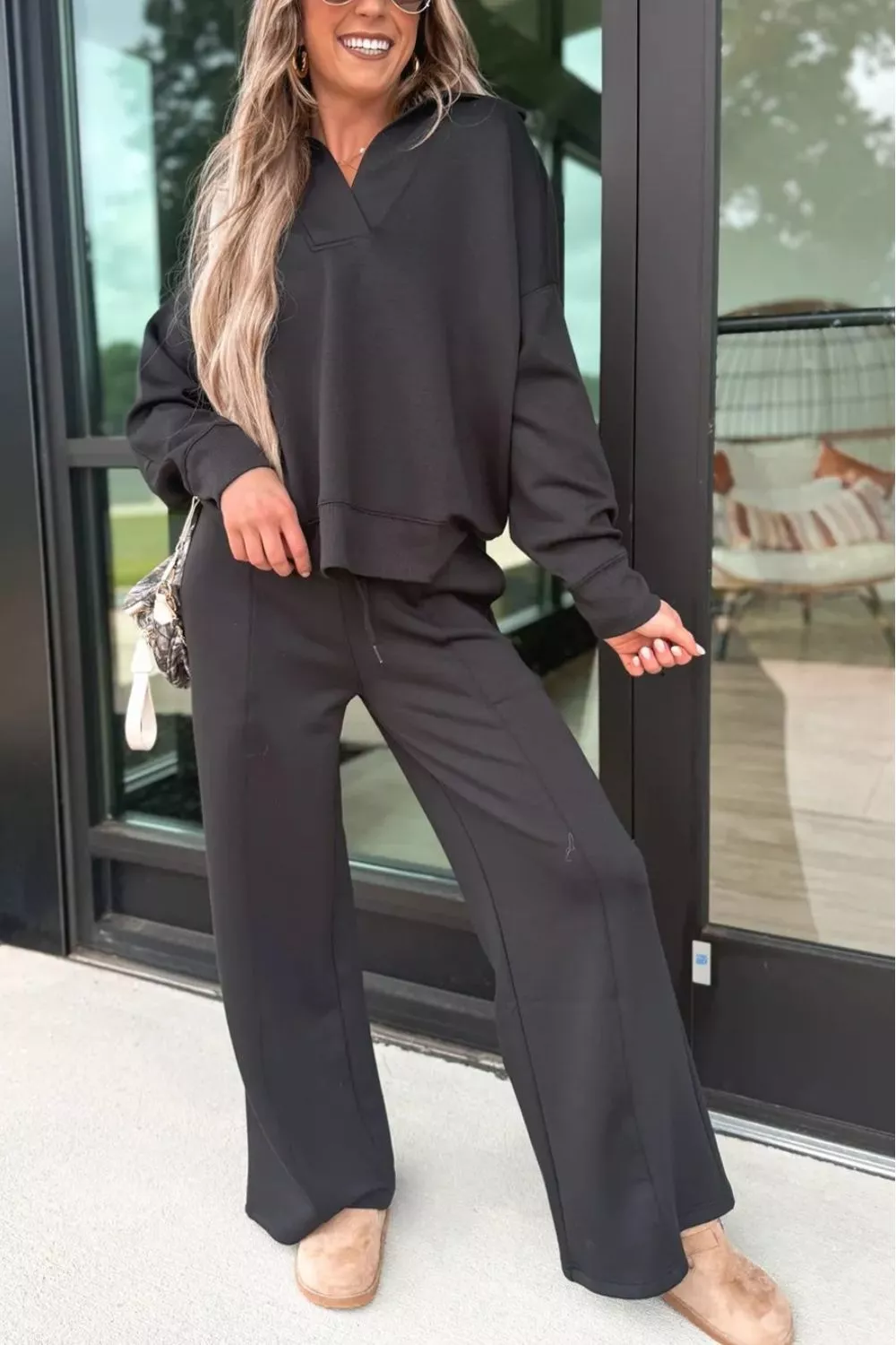 Collared V Neck Pullover Sweatshirt Sweatpants Set, image 3
