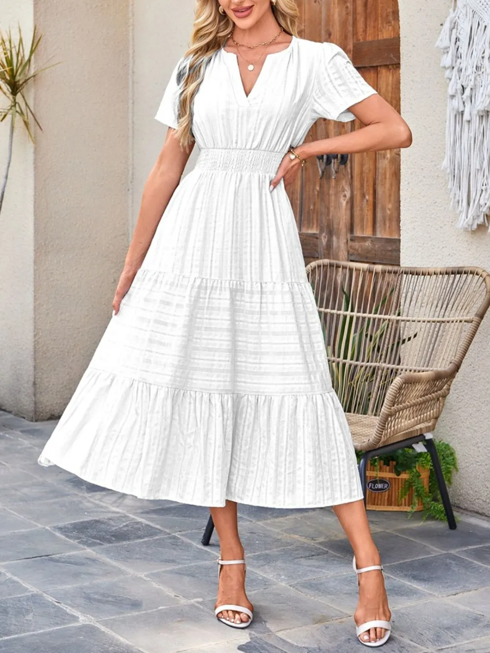Tiered Notched Short Sleeve Dress, image 12