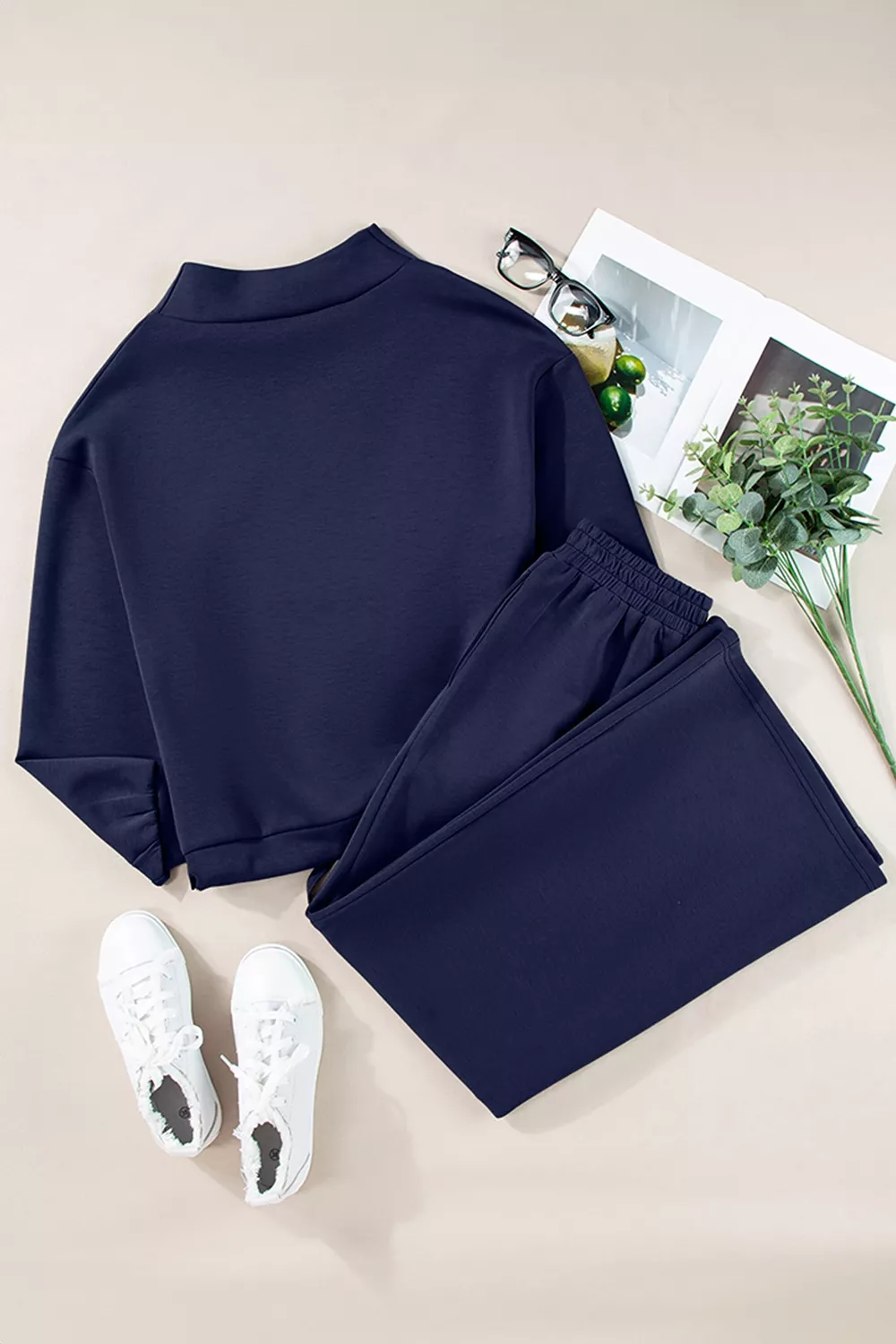 Solid Color Cowl Neck Drawstring Pullover Wide Leg Athleisure Pants Set, image 8