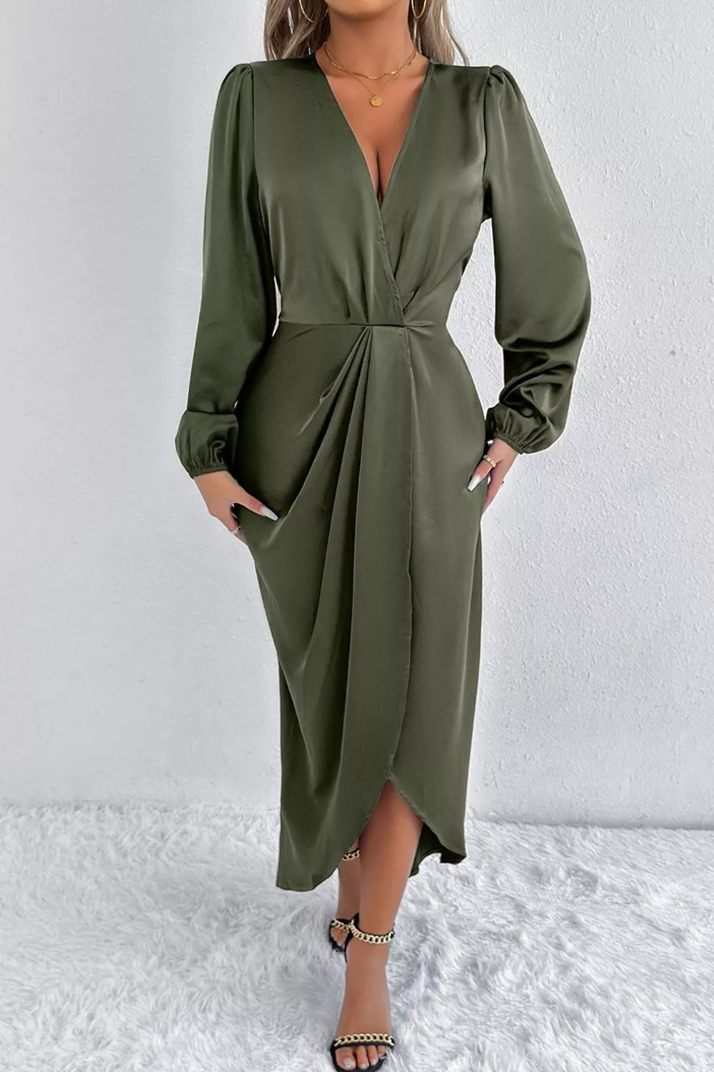 Satin Balloon Sleeve Midi Dress, image 3