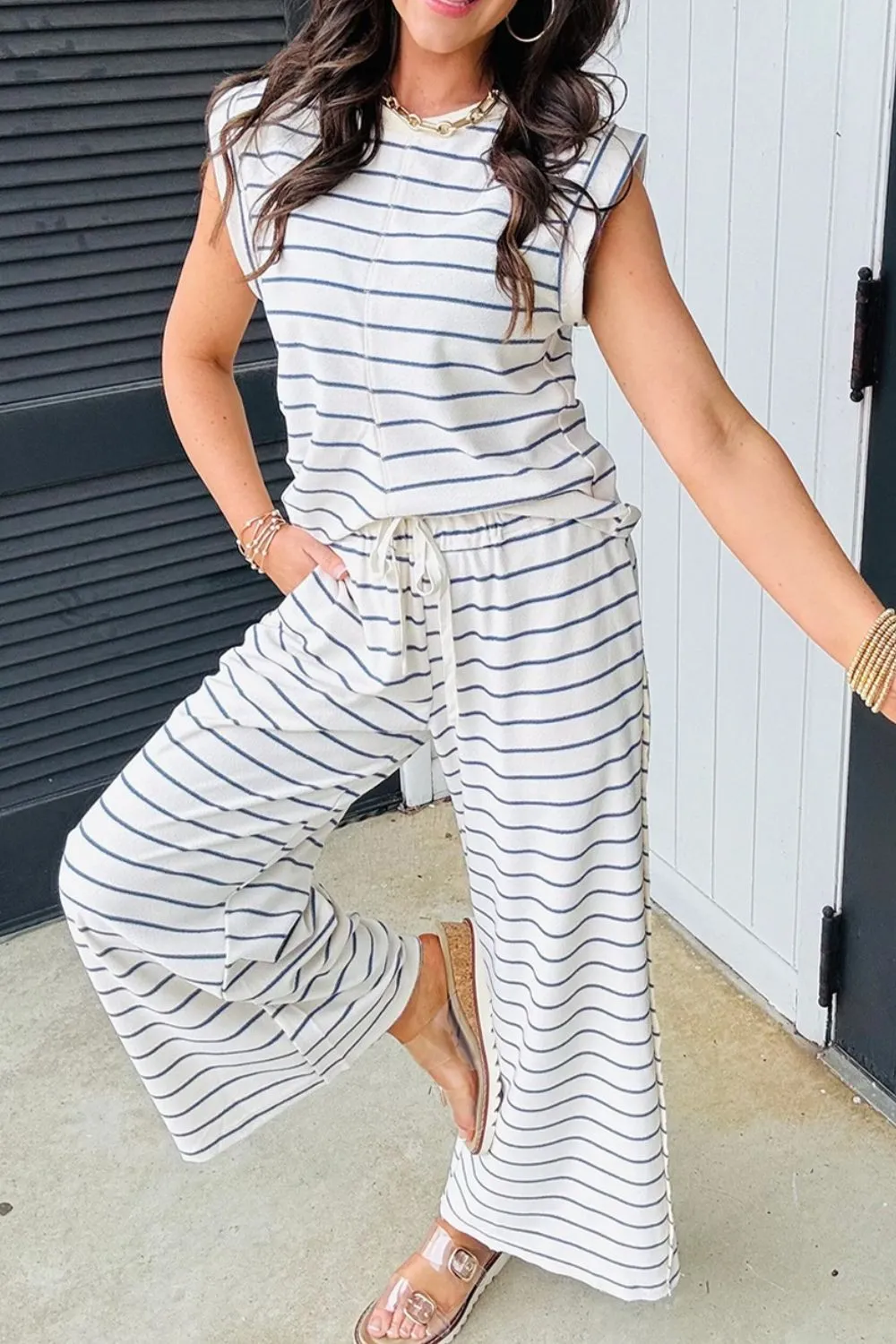 Striped Round Neck Top and Pants Set, image 2