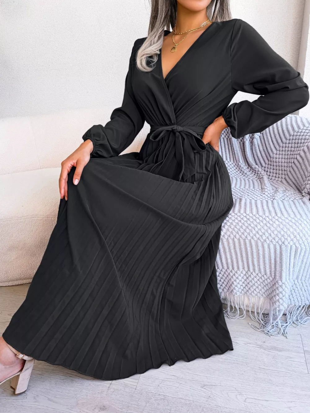 Elegant Pleated Front Tie Long Sleeve Dress, image 6