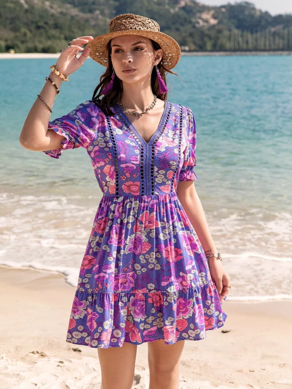 Floral Print V-Neck Mini Dress