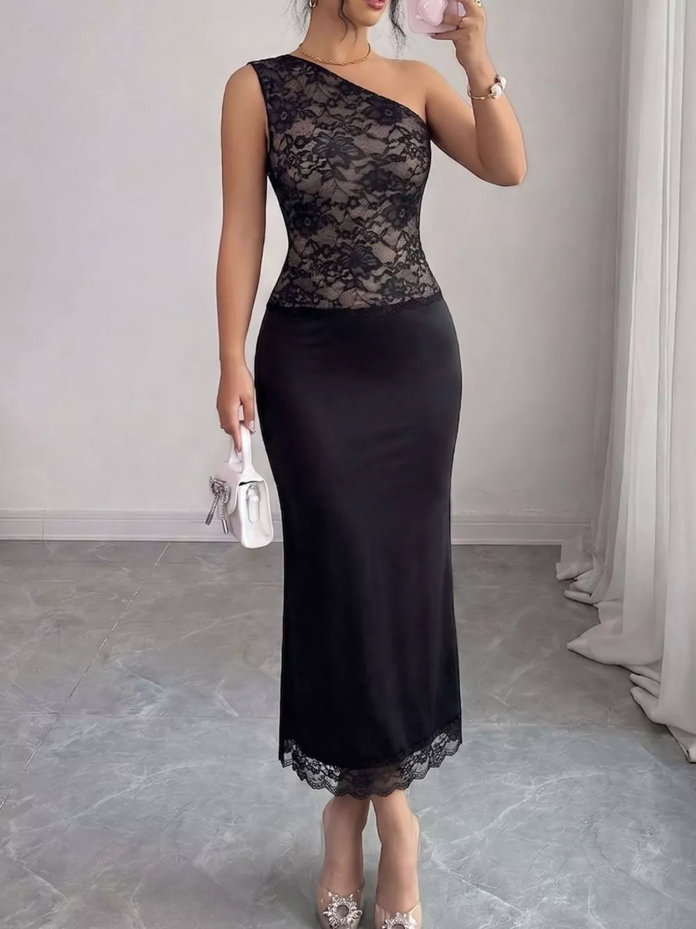 One-Shoulder Lace Trimmed Midi Dress, image 3