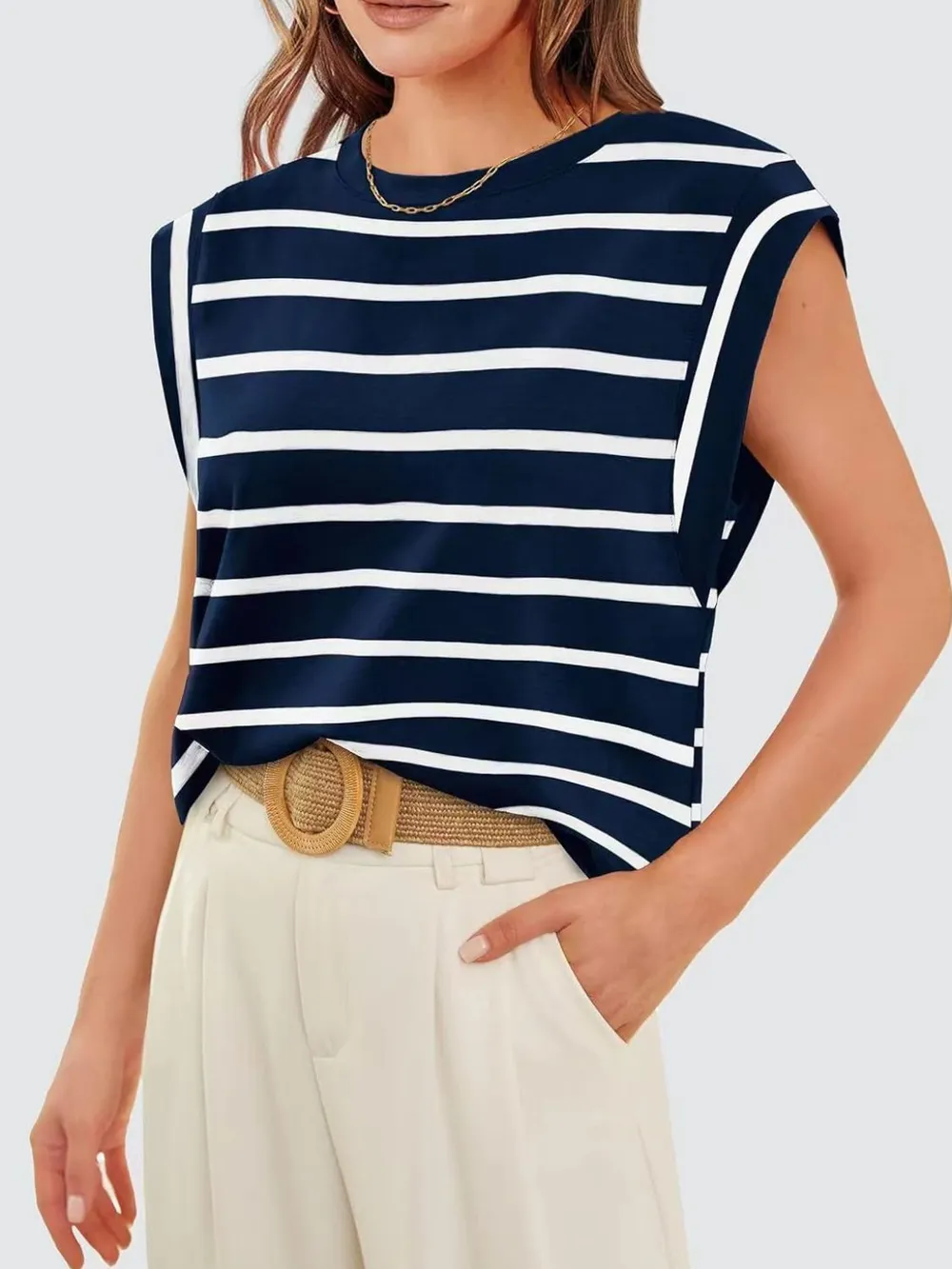 Striped Round Neck Cap Sleeve T-Shirt, image 10
