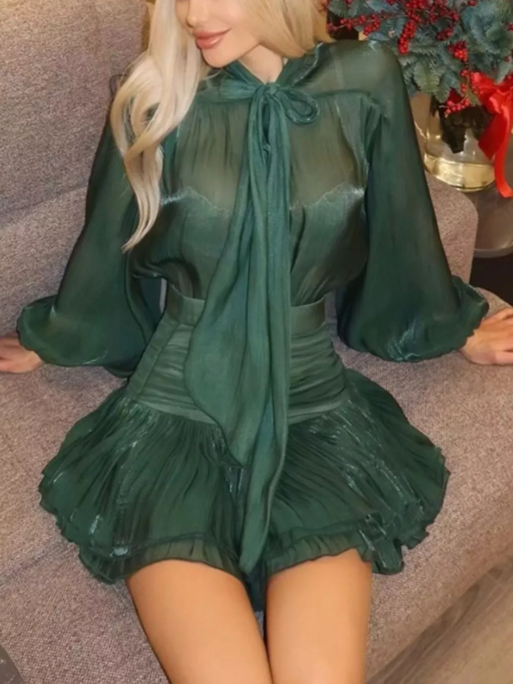 Bow-Tie Blouse and Ruffled Mini Skirt Two-Piece Set, image 4