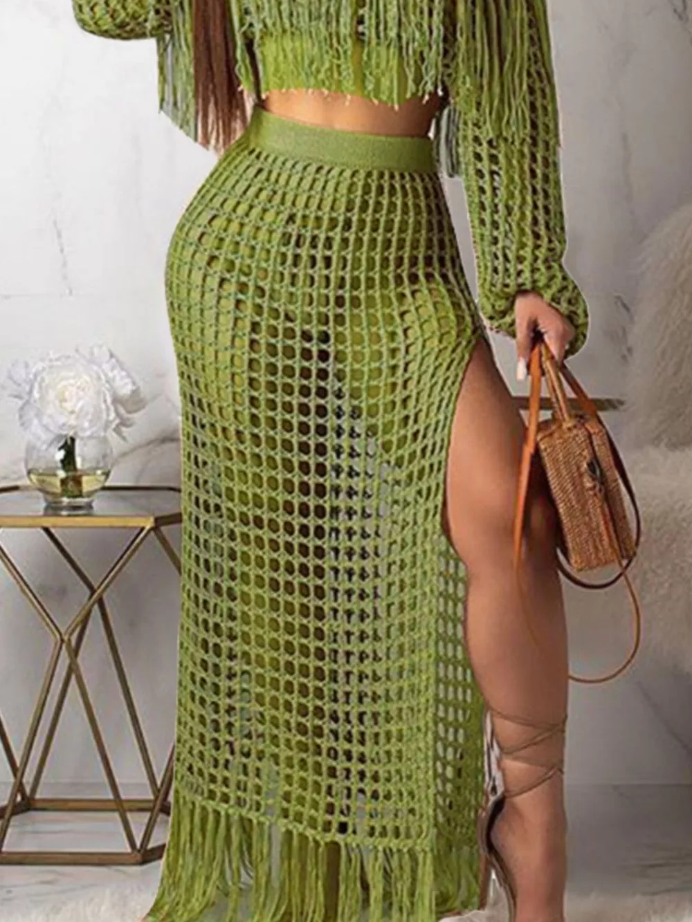 Full Size Crochet Off-Shoulder Fringe Top and Skirt Set Plus Size, image 20