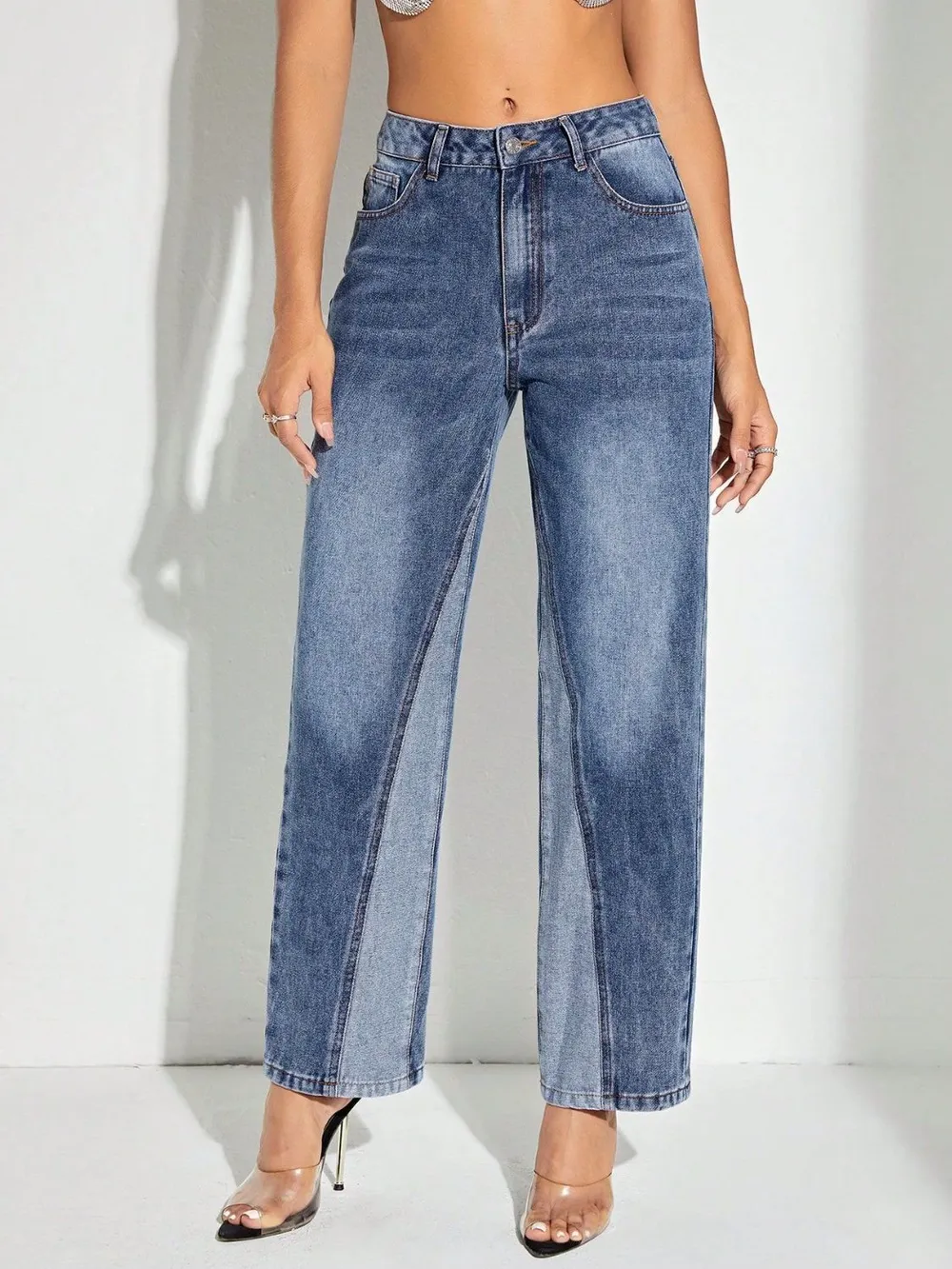 Contrast Patchwork Straight Jeans with Pockets, image 4