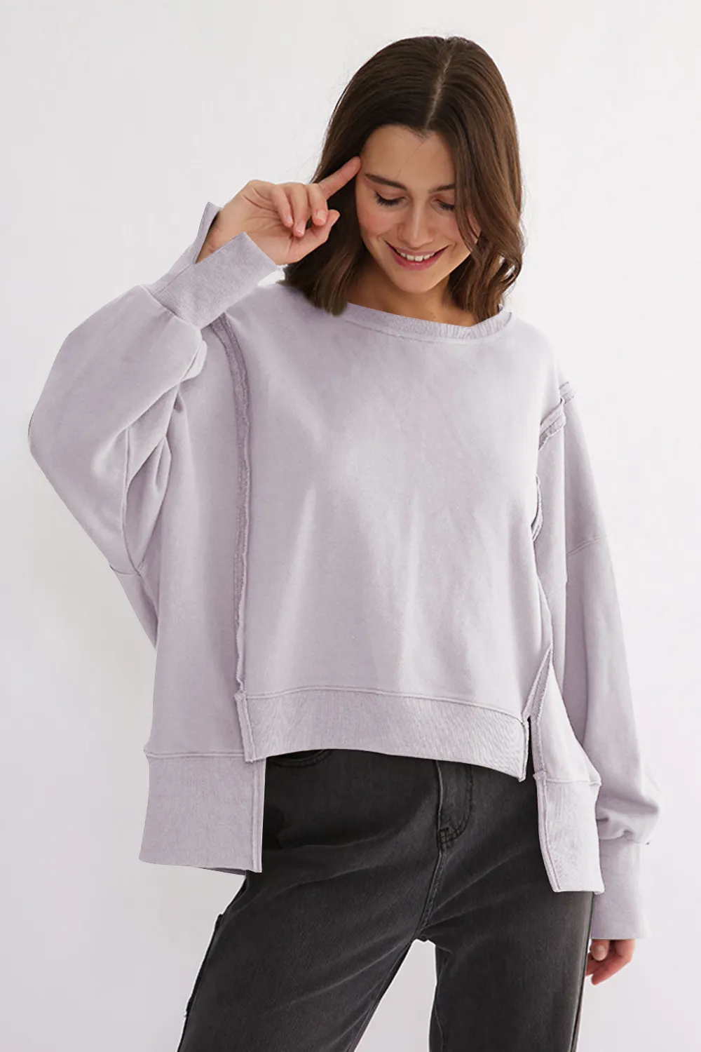 Exposed Seam High-Low Long Sleeve Sweatshirt, image 30