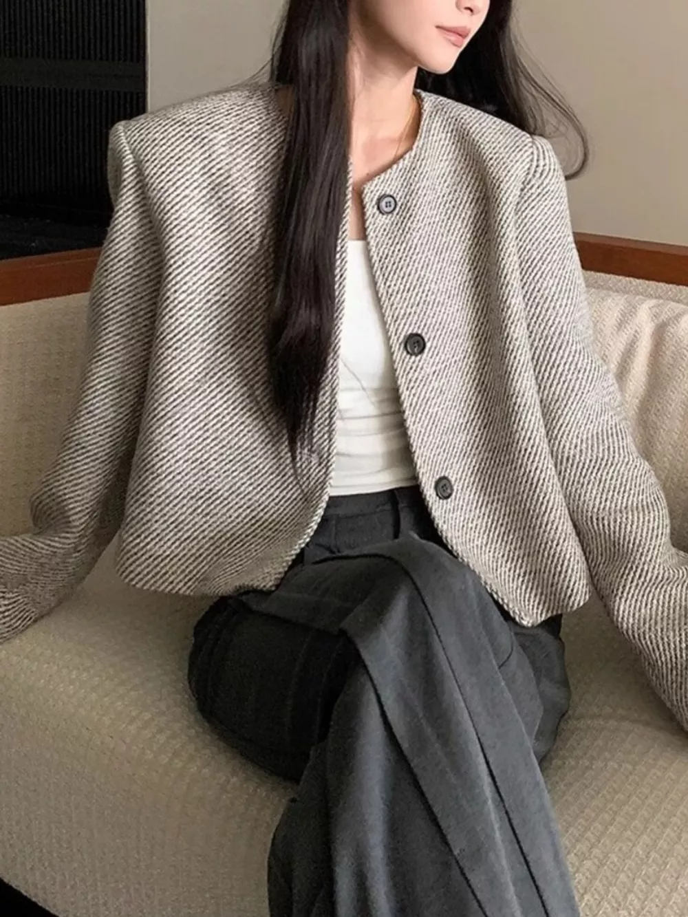 Button Up Tweed Cropped Jacket, image 3