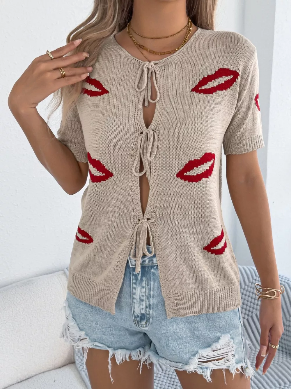 Lips Tie Front Knit Cardigan, image 4