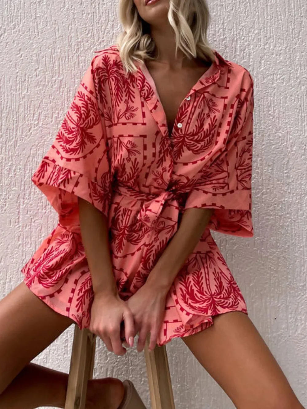 Printed Tie Waist Half Sleeve Romper, image 14