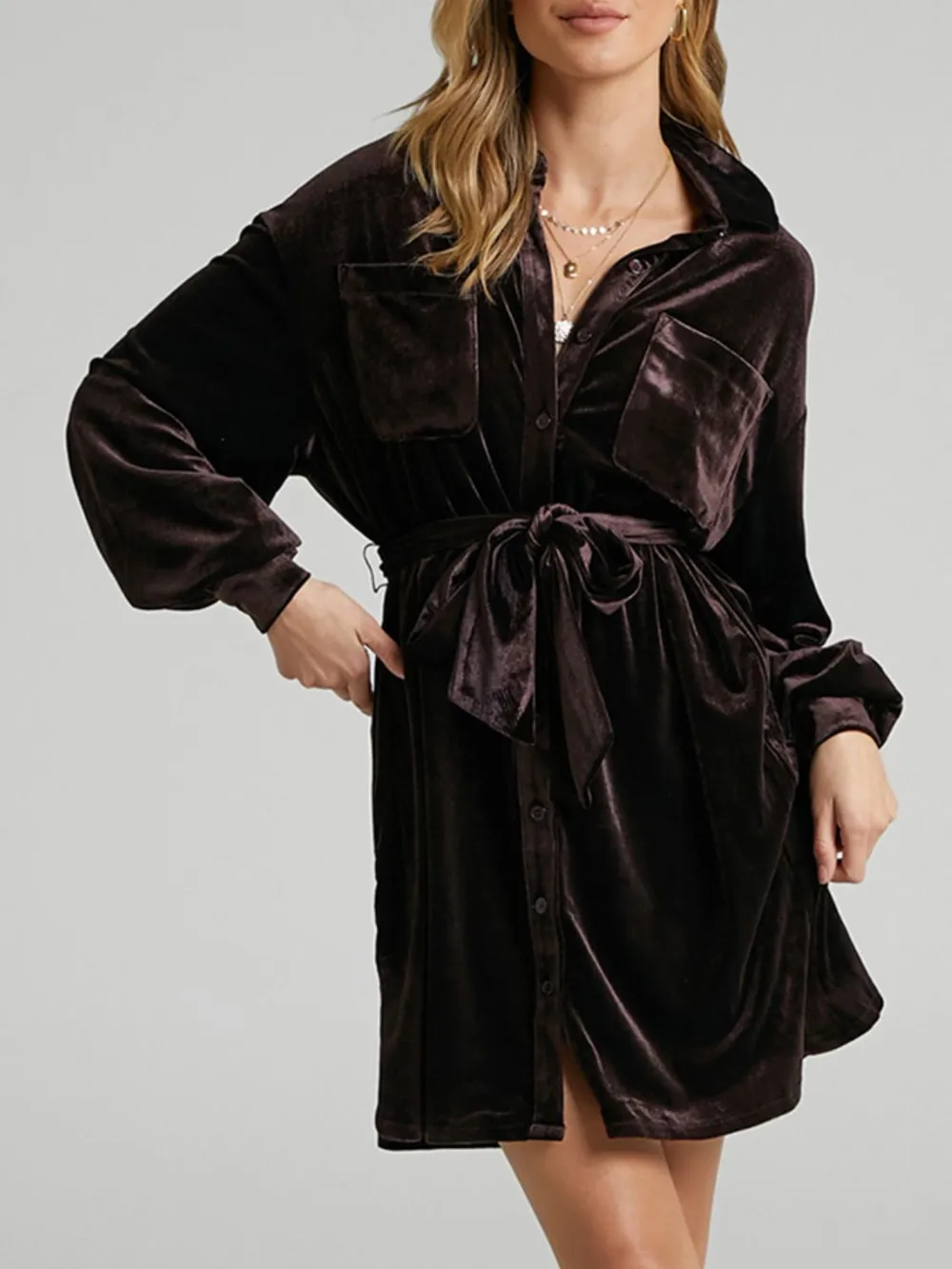 Collared Neck Button Down Long Sleeve Mini Dress, image 9