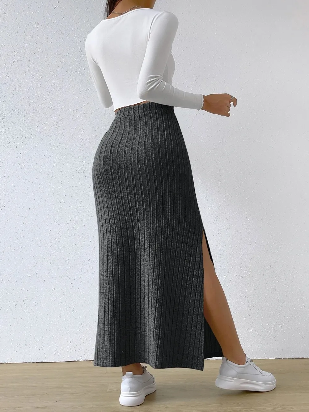 High Waist Ribbed Knit Maxi Skirt, image 7