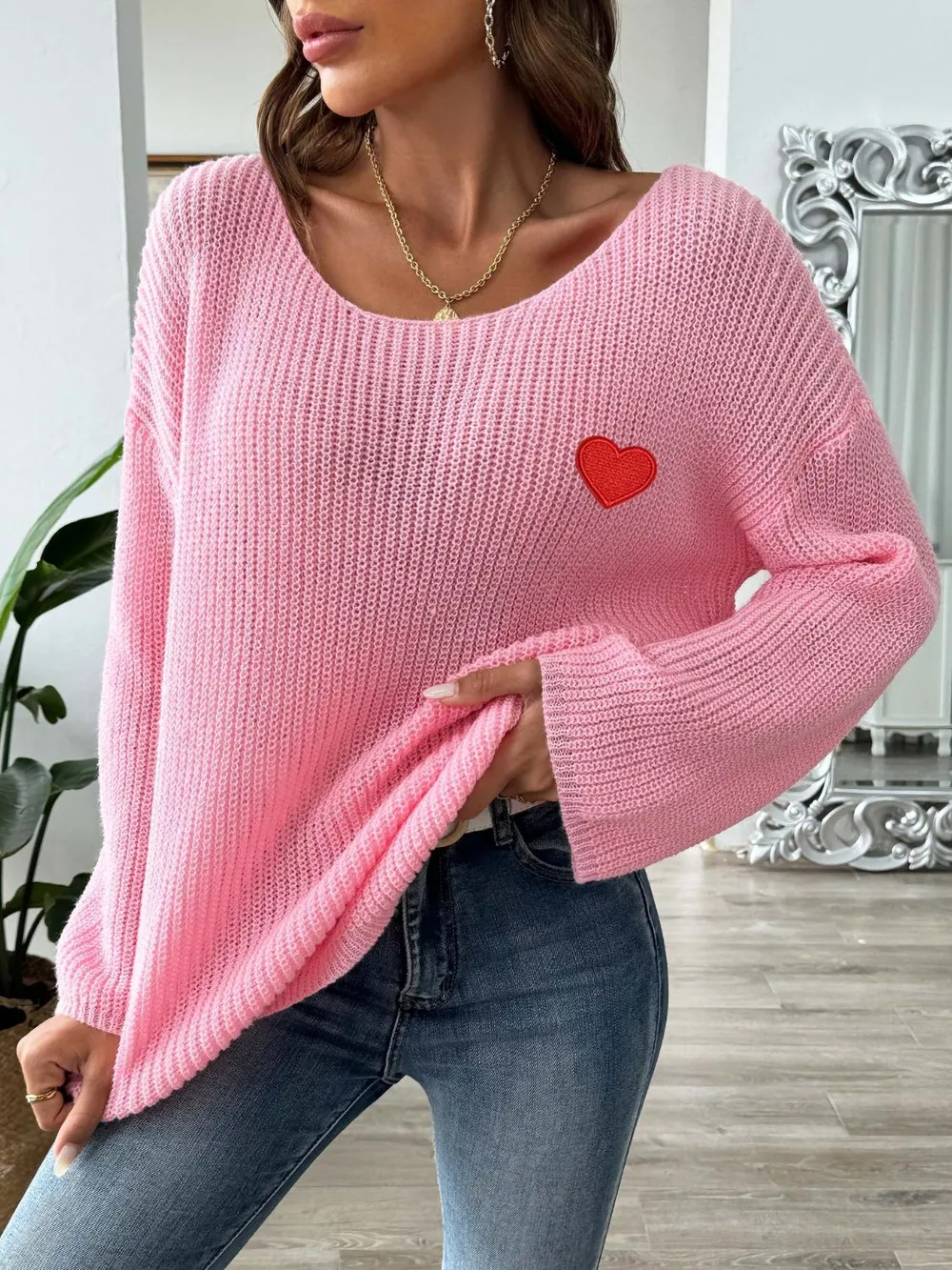 Heart Boat Neck Dropped Shoulder Sweater, image 12