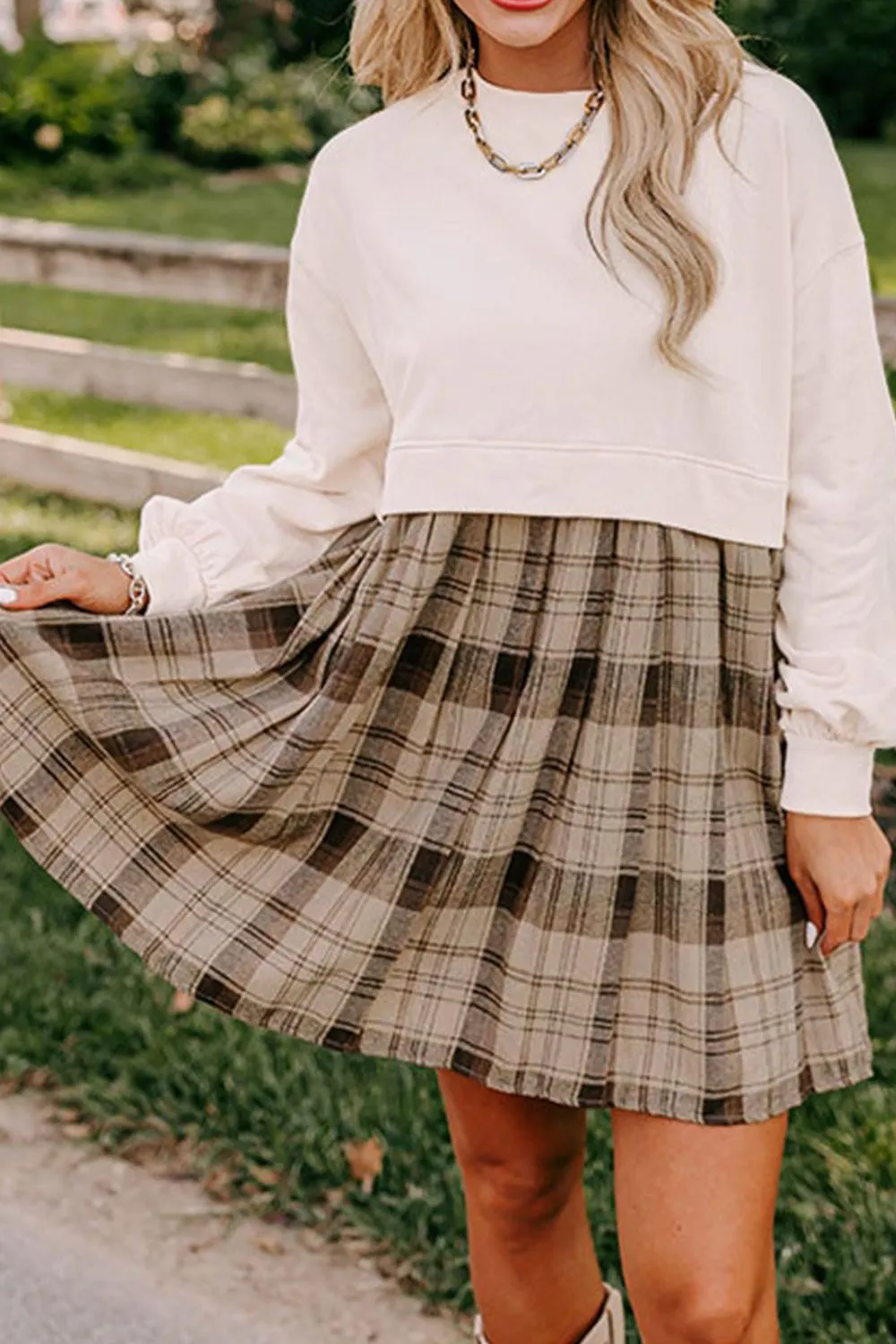 Plaid Round Neck Long Sleeve Mini Dress, image 10