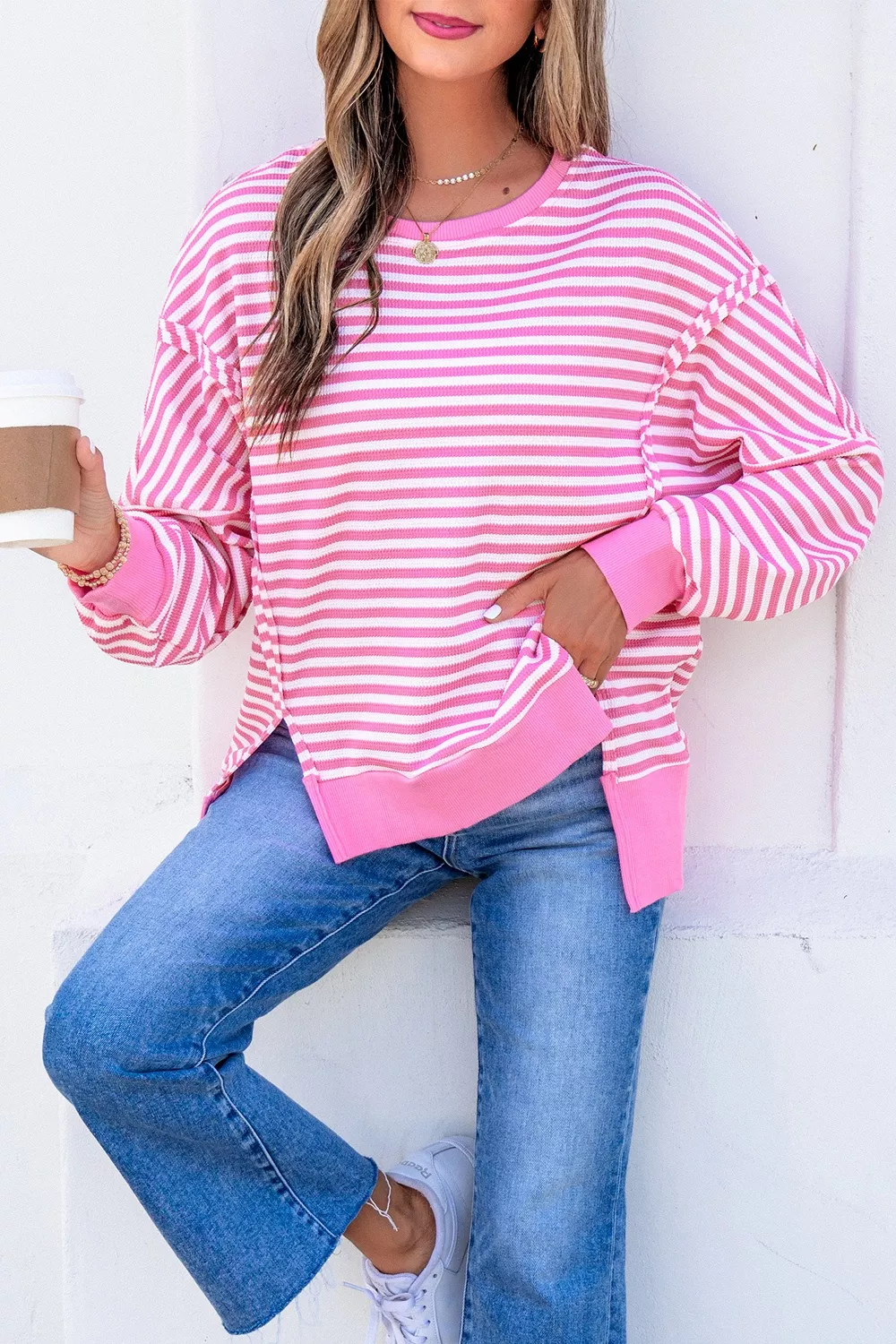 Stripe Textured Knit Color Block Trim Split Hem Long Sleeve Top, image 7