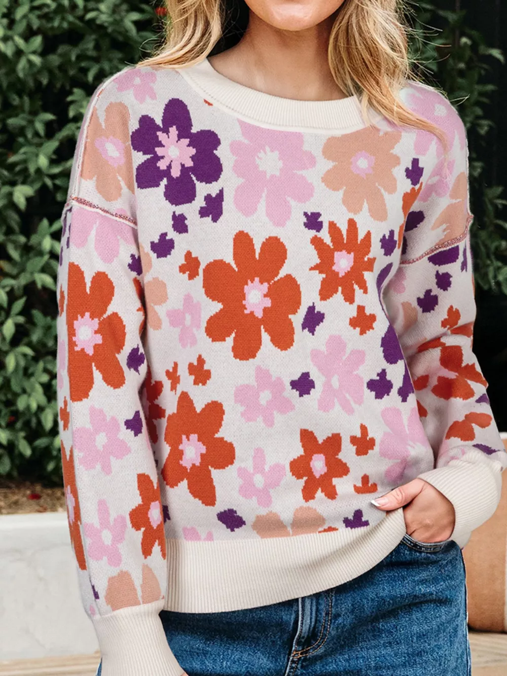Floral Pattern Drop Shoulder Sweater, image 2