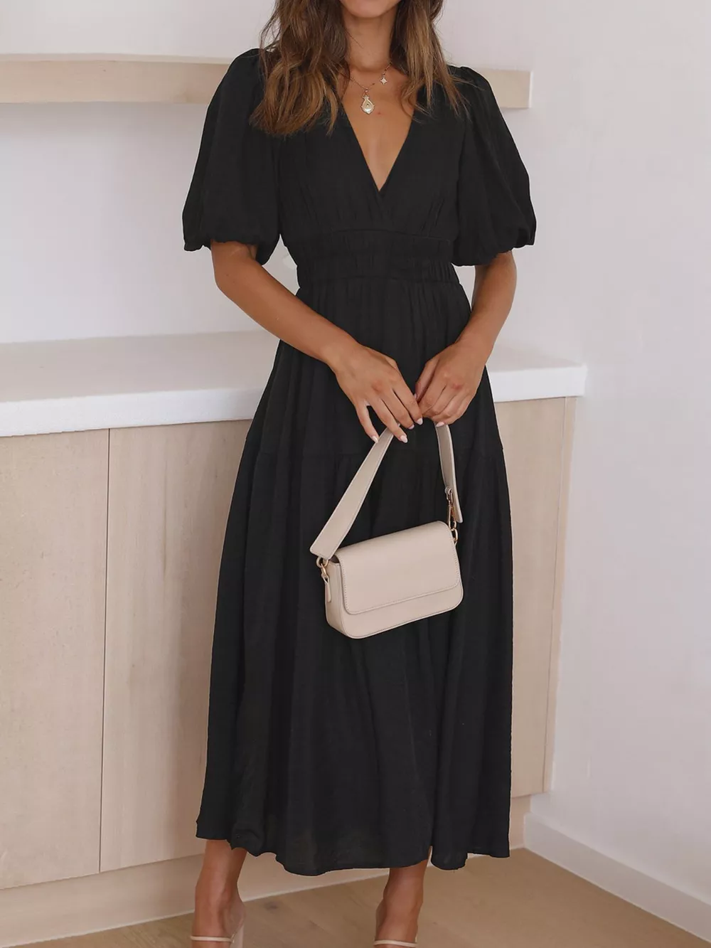 Elegant Puff Sleeve V-Neck Midi Dress, image 9