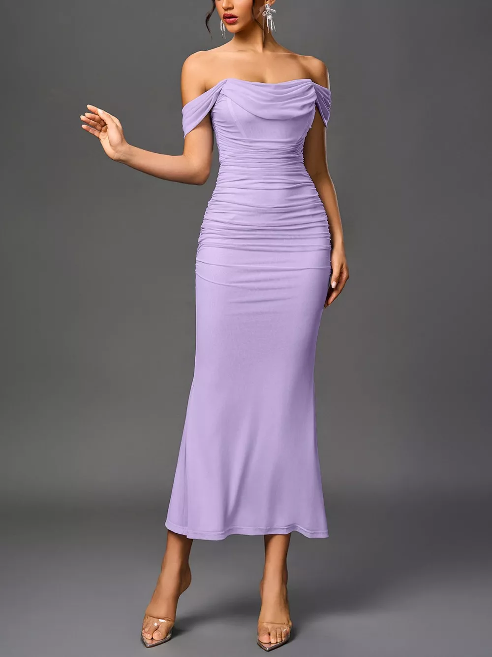Off-Shoulder Ruched Mermaid Maxi Dress, image 17