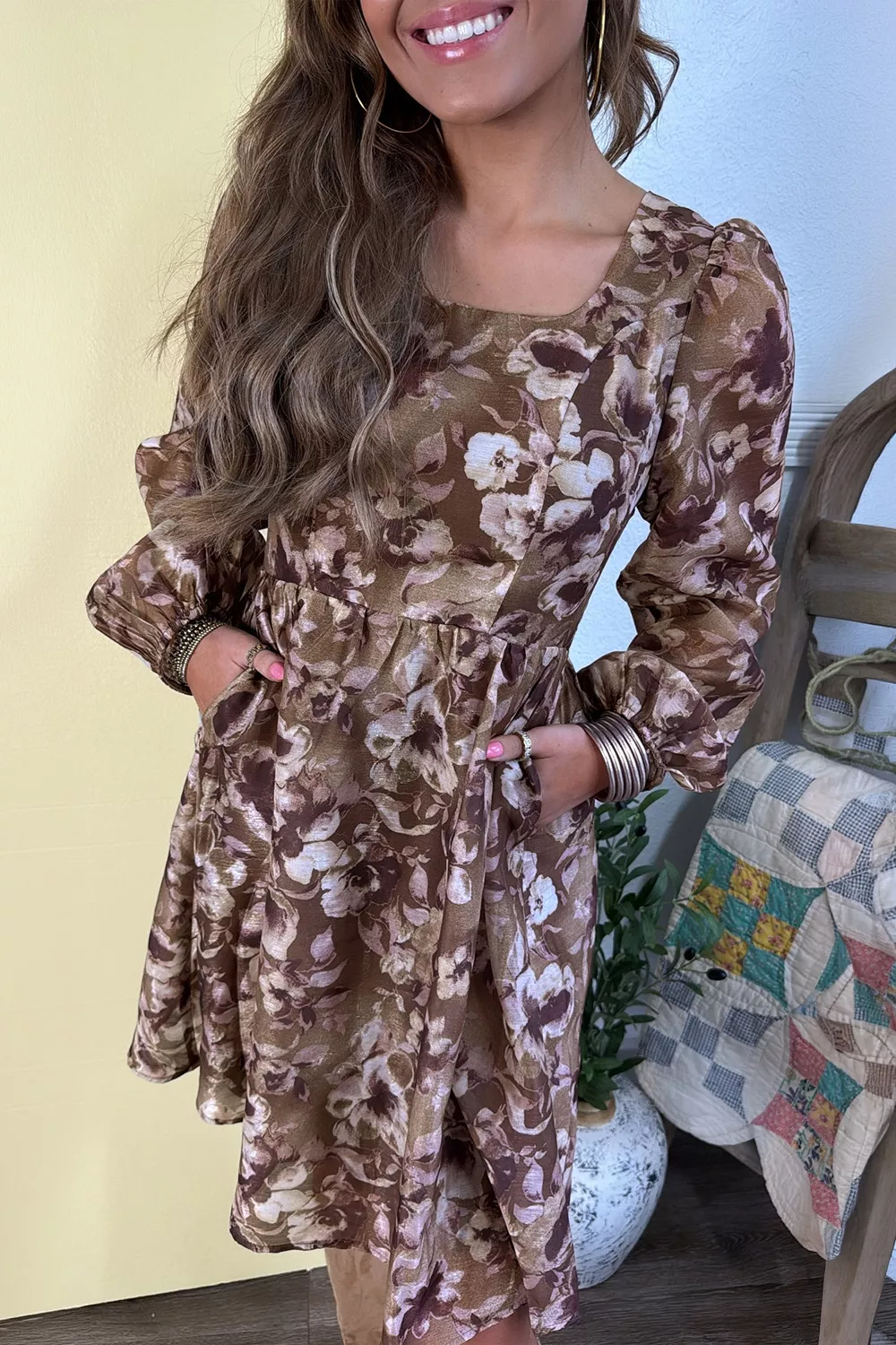 Abstract Floral Print Square Neck Long Sleeve Mini Shift Dress, image 4