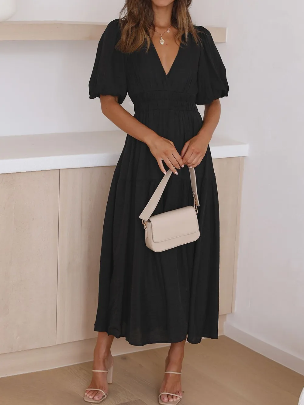 V-Neck Puff Sleeve Midi Dress, image 15