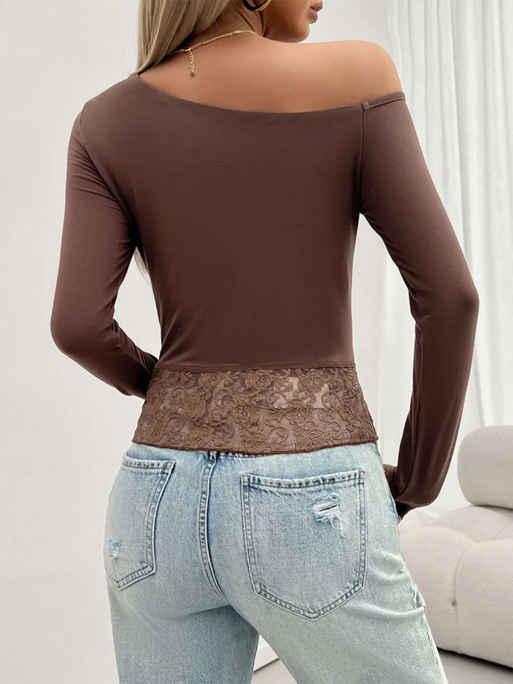 Single Shoulder Long Sleeve Lace T-Shirt, image 3