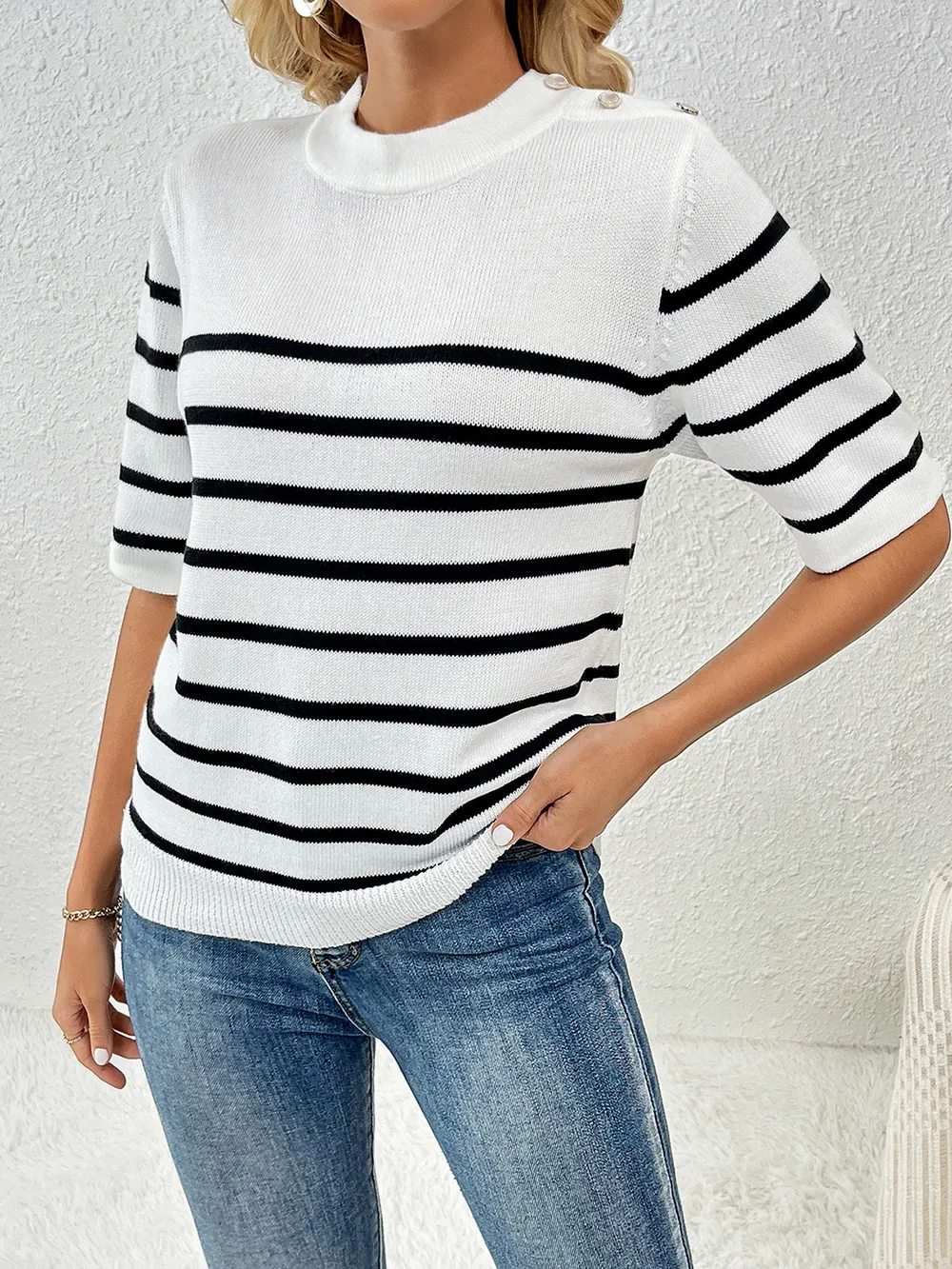 Striped Round Neck Half Sleeve Knit Top, image 7