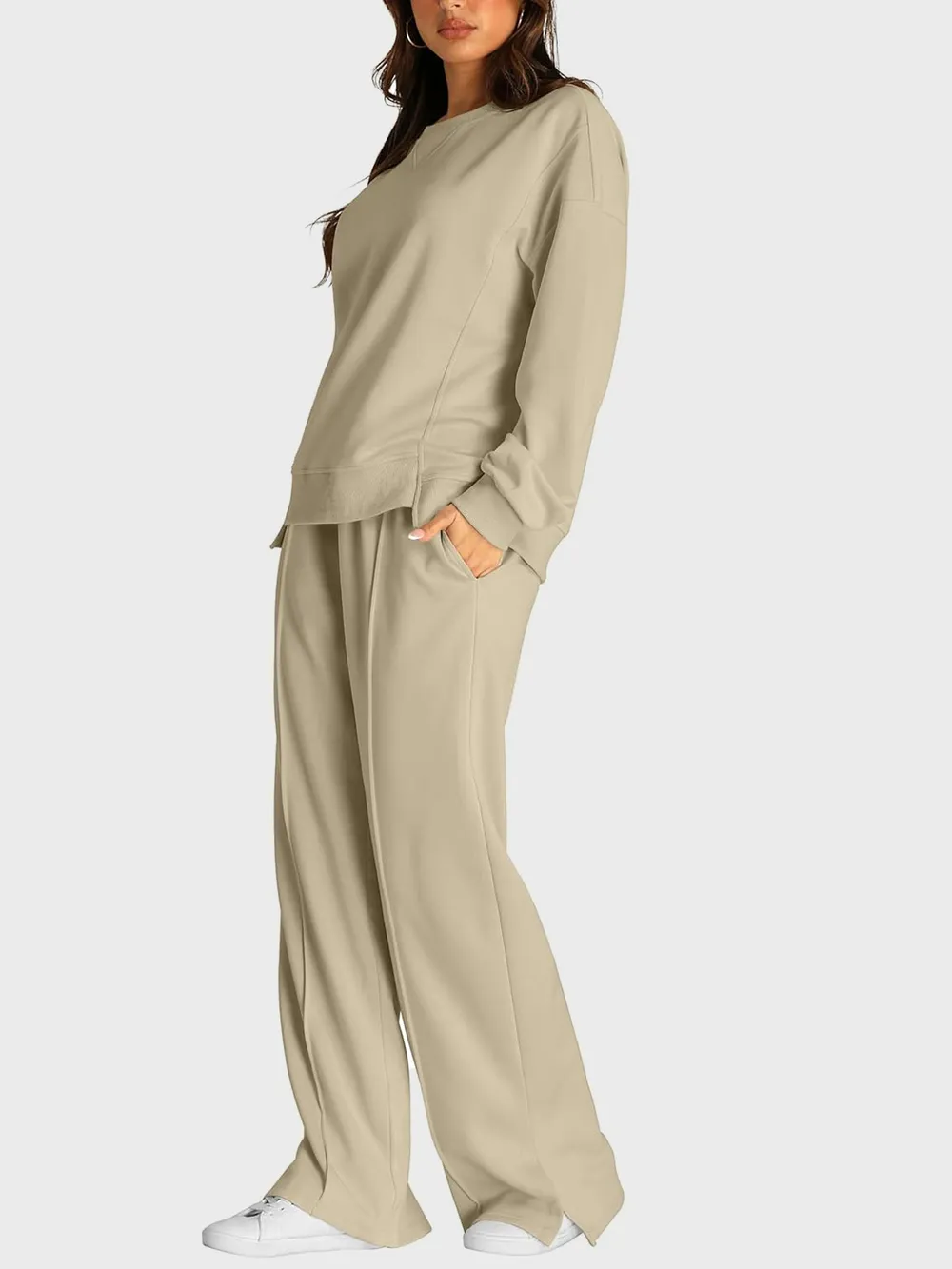 Round Neck Long Sleeve Top and Slit Pants Set, image 11
