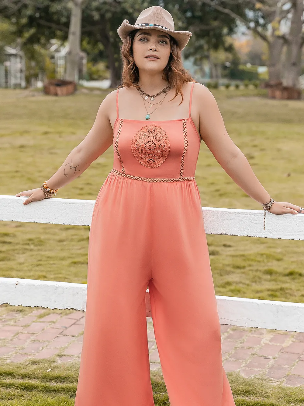 Plus Size Lace Detail Spaghetti Strap Wide Leg Jumpsuit, image 5