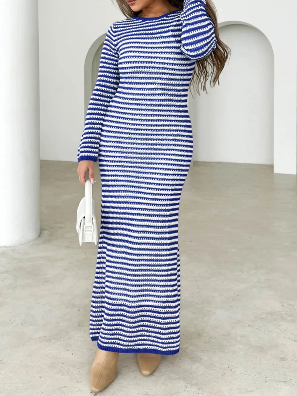 Tied Round Neck Striped Sweater Dress, image 8
