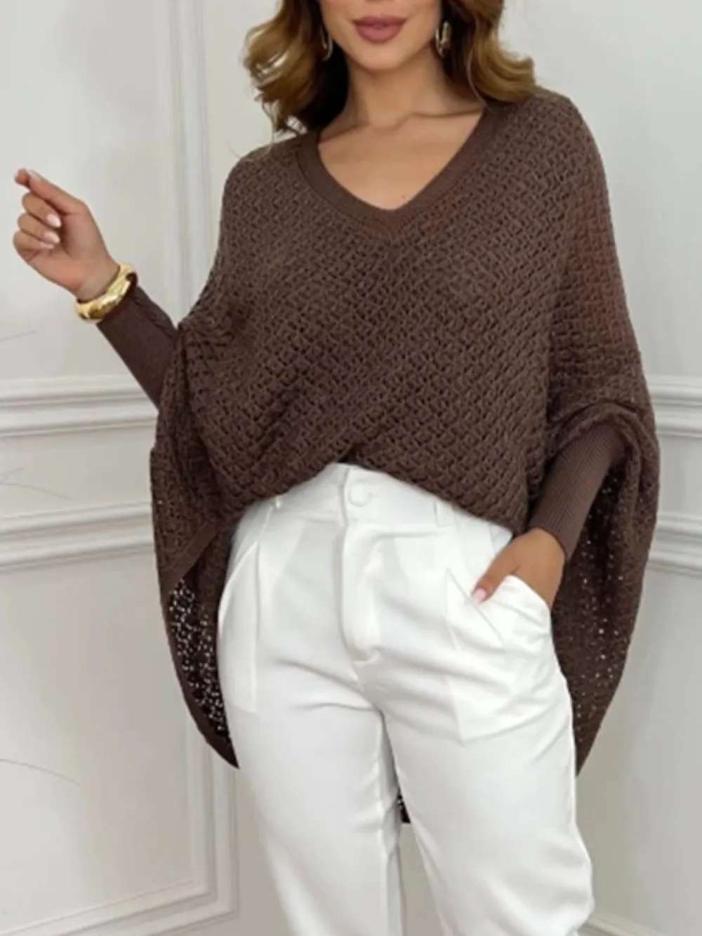Crochet V-Neck Batwing Sleeves Oversized Sweater, image 8
