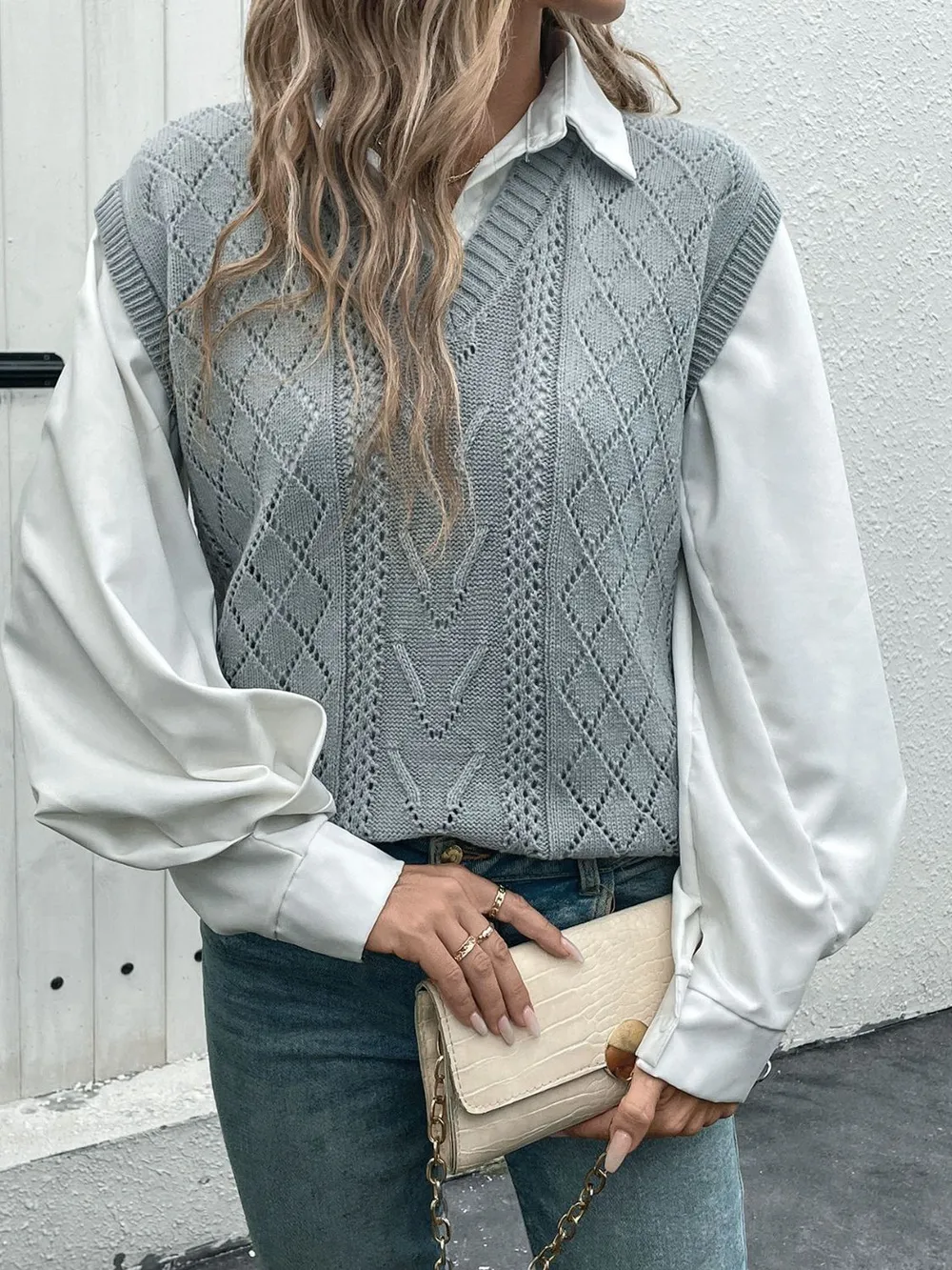 Openwork V-Neck Sweater Vest, image 3