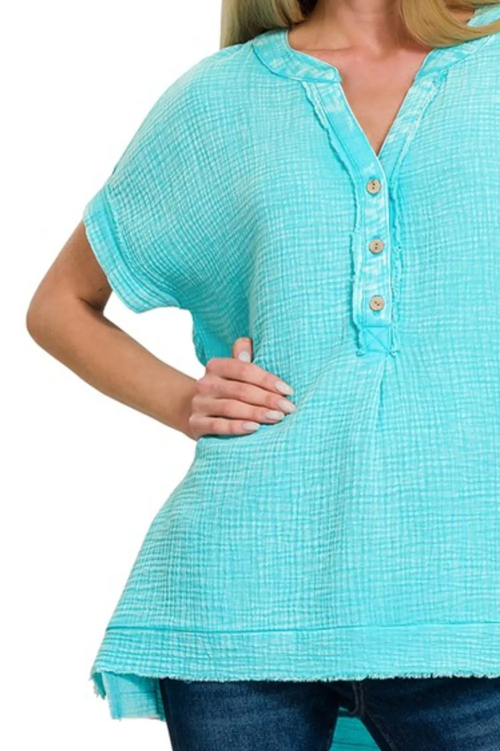 Washed Double Gauze 3/4 Button Henley Neck Shirt, image 3