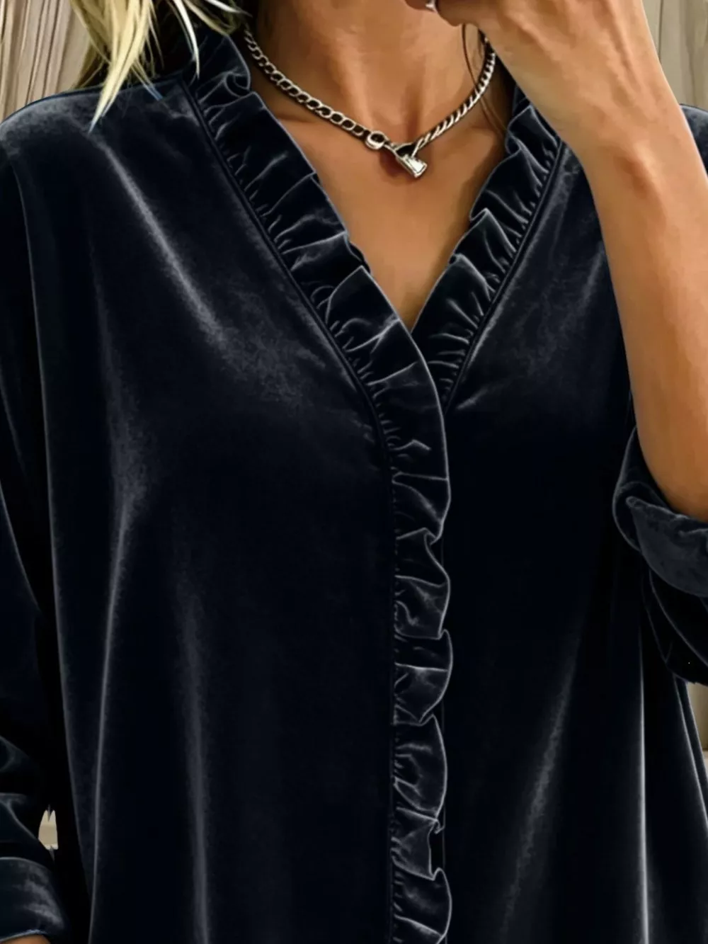 Velvet Frill V-Neck Blouse, image 8