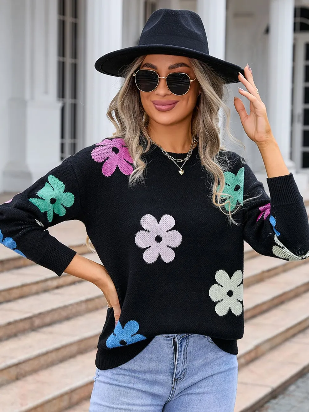 Flower Round Neck Long Sleeve Sweater, image 5
