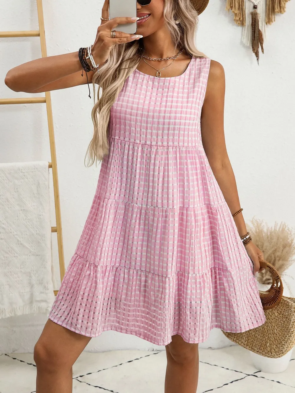 Plaid Round Neck Sleeveless Mini Dress, image 15