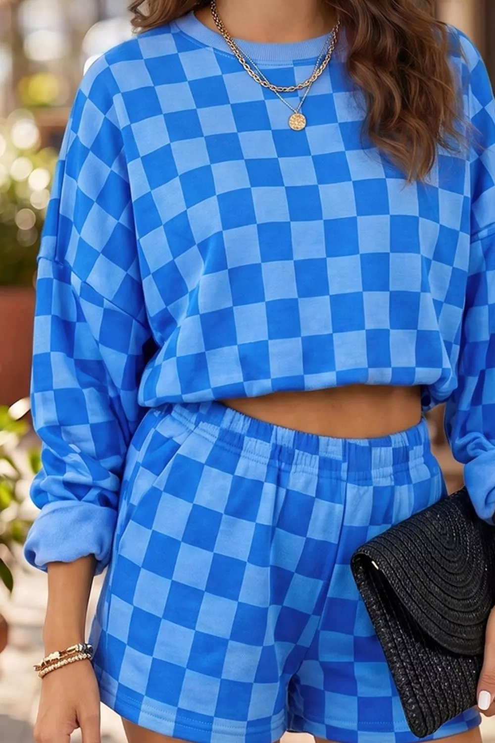 Plaid Checkered Long Sleeve Crop Top Elastic Waist Shorts Two Piece Set, image 3