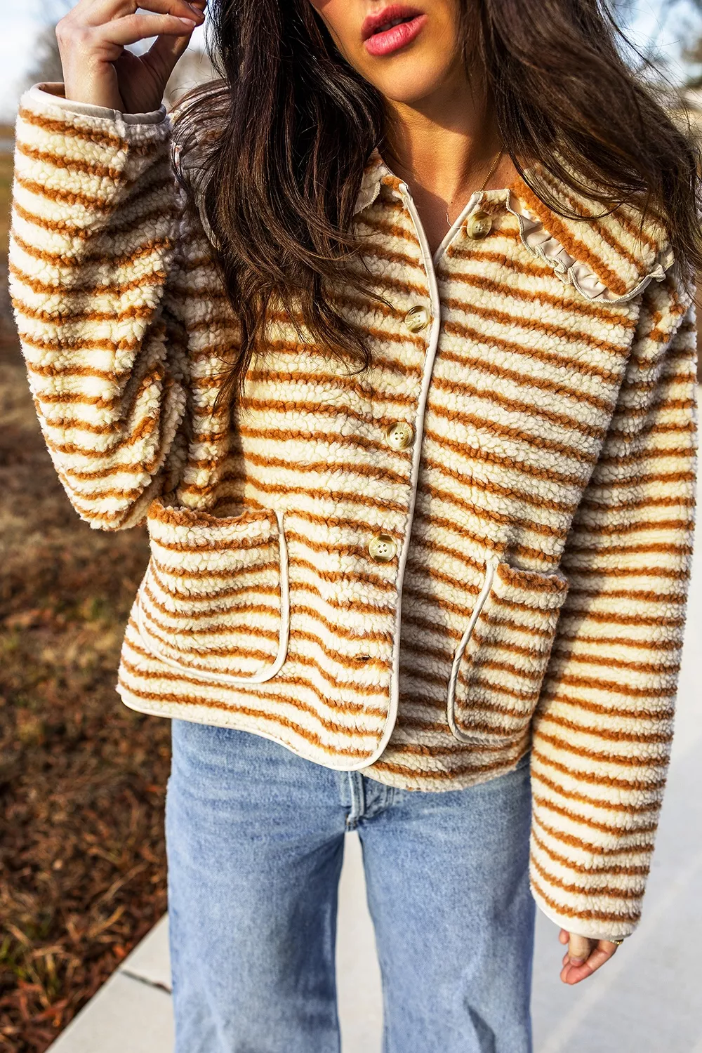 Striped Fleece Button Front Long Sleeve Regular Fit Jacket, image 7