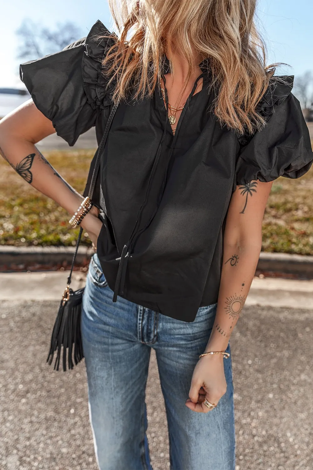 Ruffled Puff Short Sleeve Loose Blouse, image 6