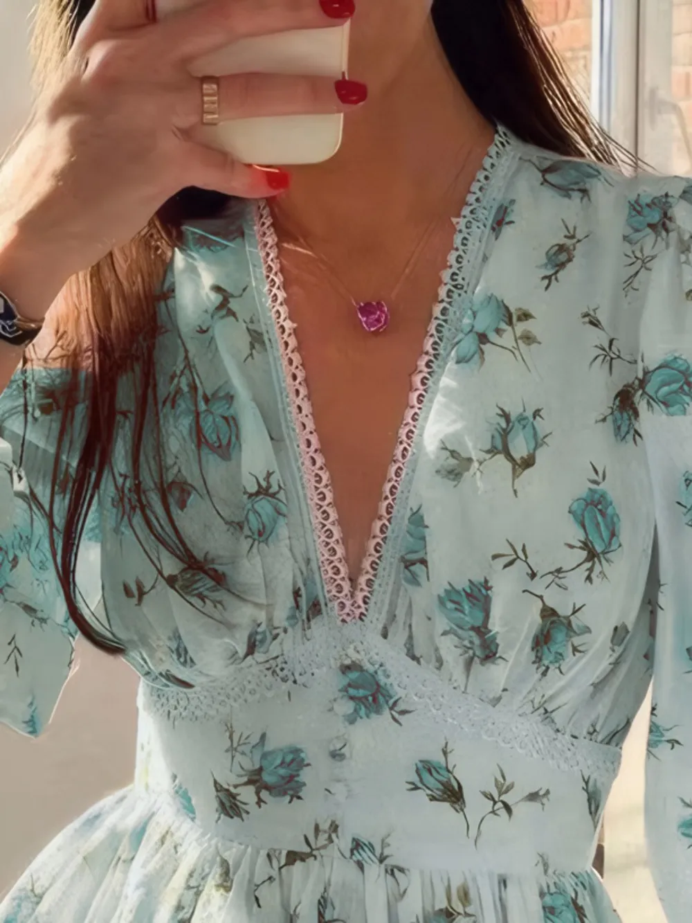 Full Size Floral Print Lace Detail V-Neck Mini Dress Plus SIze, image 6