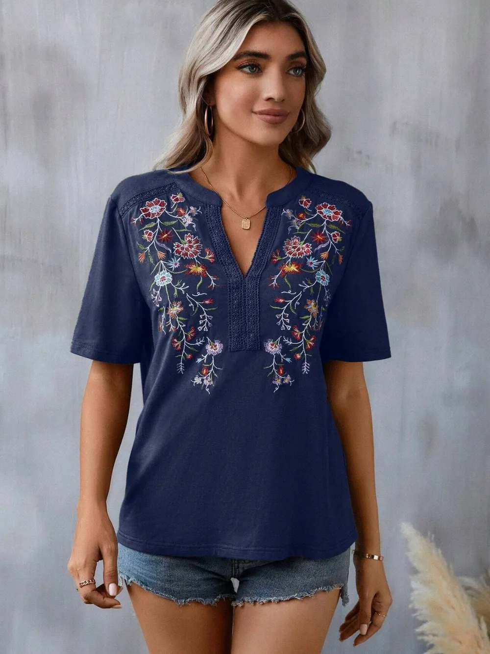 Embroidered Notched Short Sleeve T-Shirt, image 9