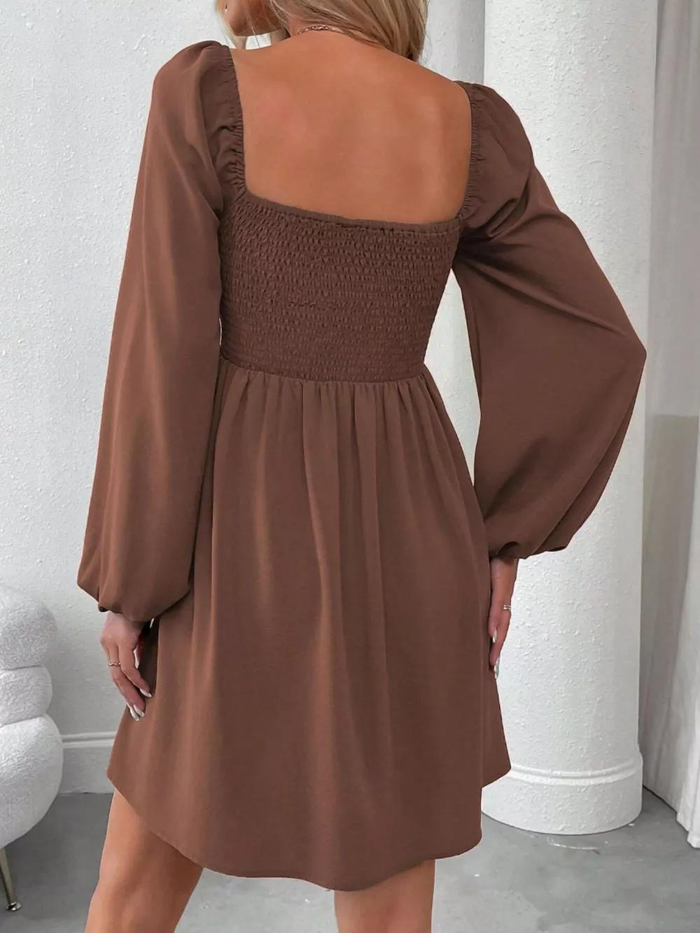 Ruched Square Neck Long Sleeve A-Line Dress, image 4