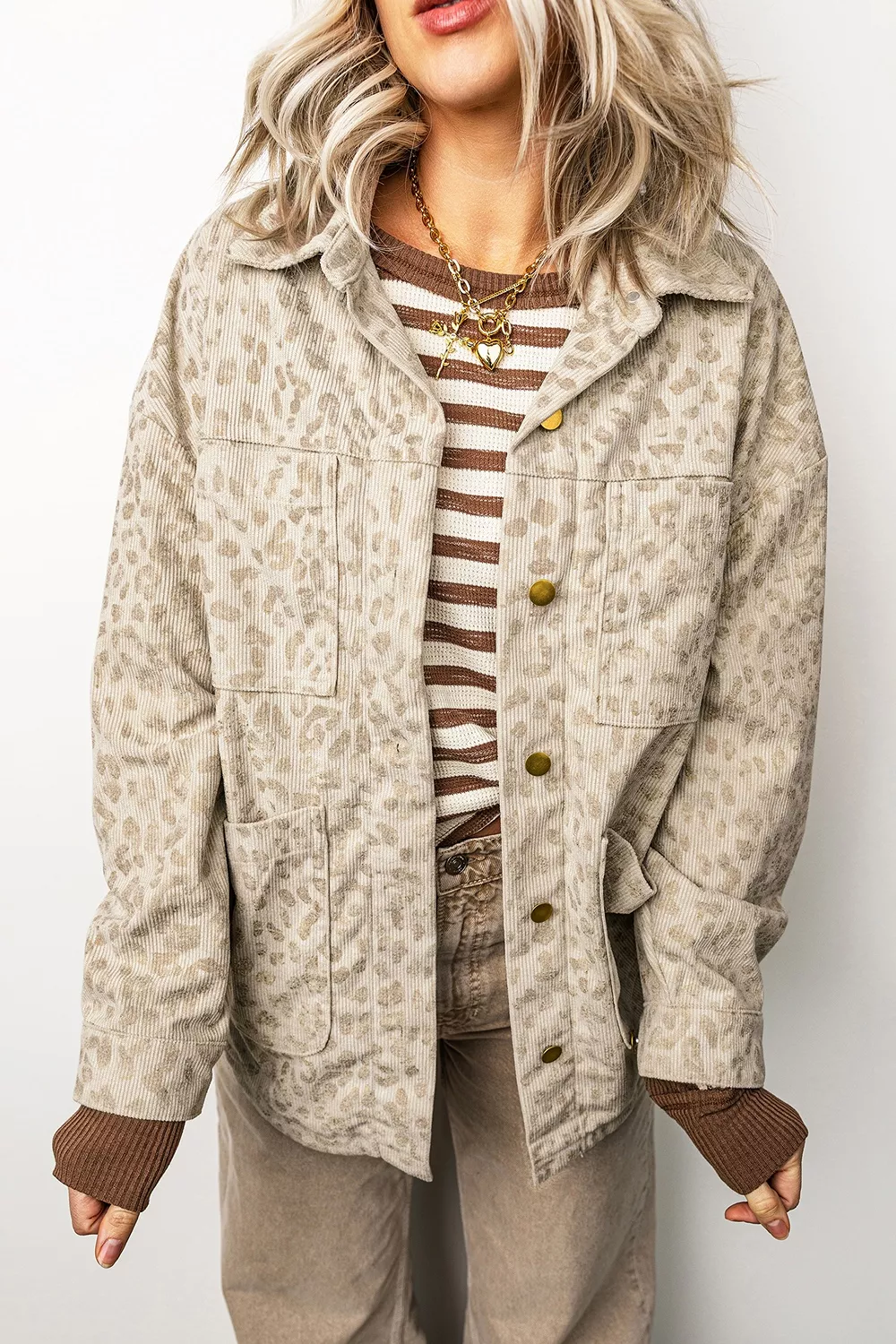 Leopard Print Corduroy Shirt Collar Long Sleeve Regular Fit Jacket, image 6